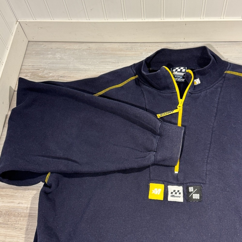 Vintage Mecca‎ Men's Half Zip Pullover Logo Size XL Collar Navy Blue Yellow Y2K
